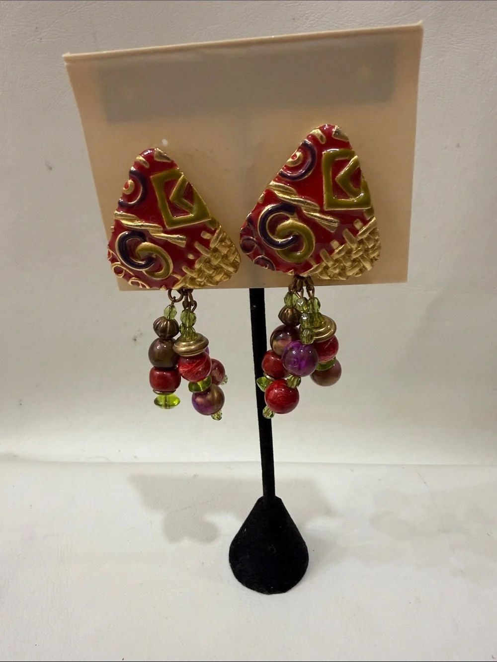 Handmade Red & Green Retro Boho Dangle Clip Earrings Gold Accents 3 In Long